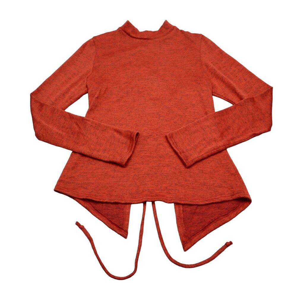 Many Many Shirt Womens L Red Plain Long Sleeve Mock Neck Lace Up Back Top